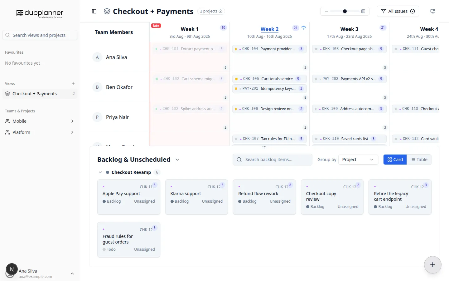 A Custom View showing two projects on one board, with a project dot on each card