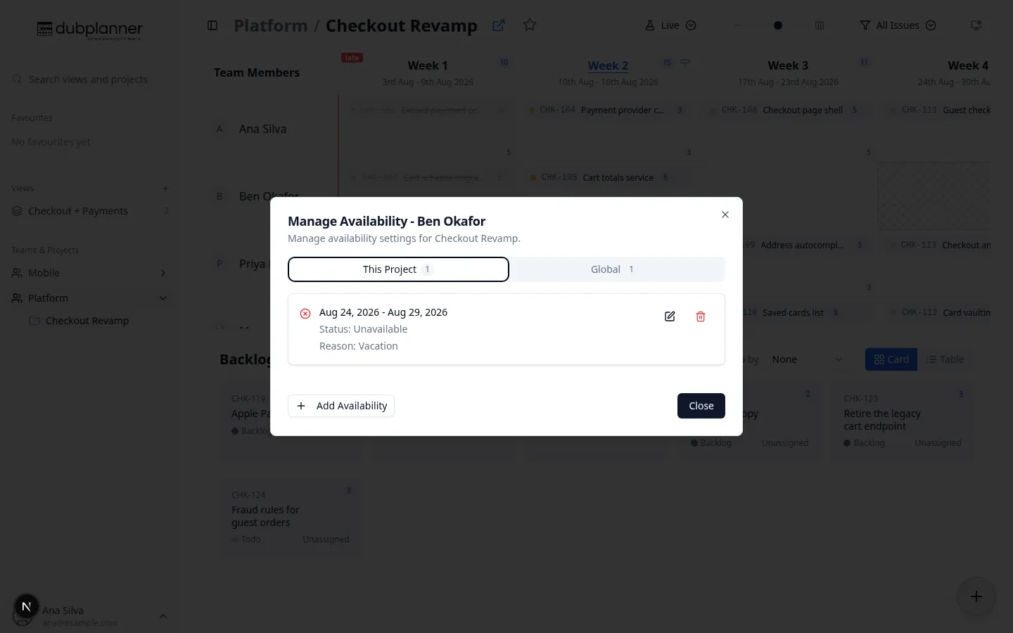 The Manage Availability dialog