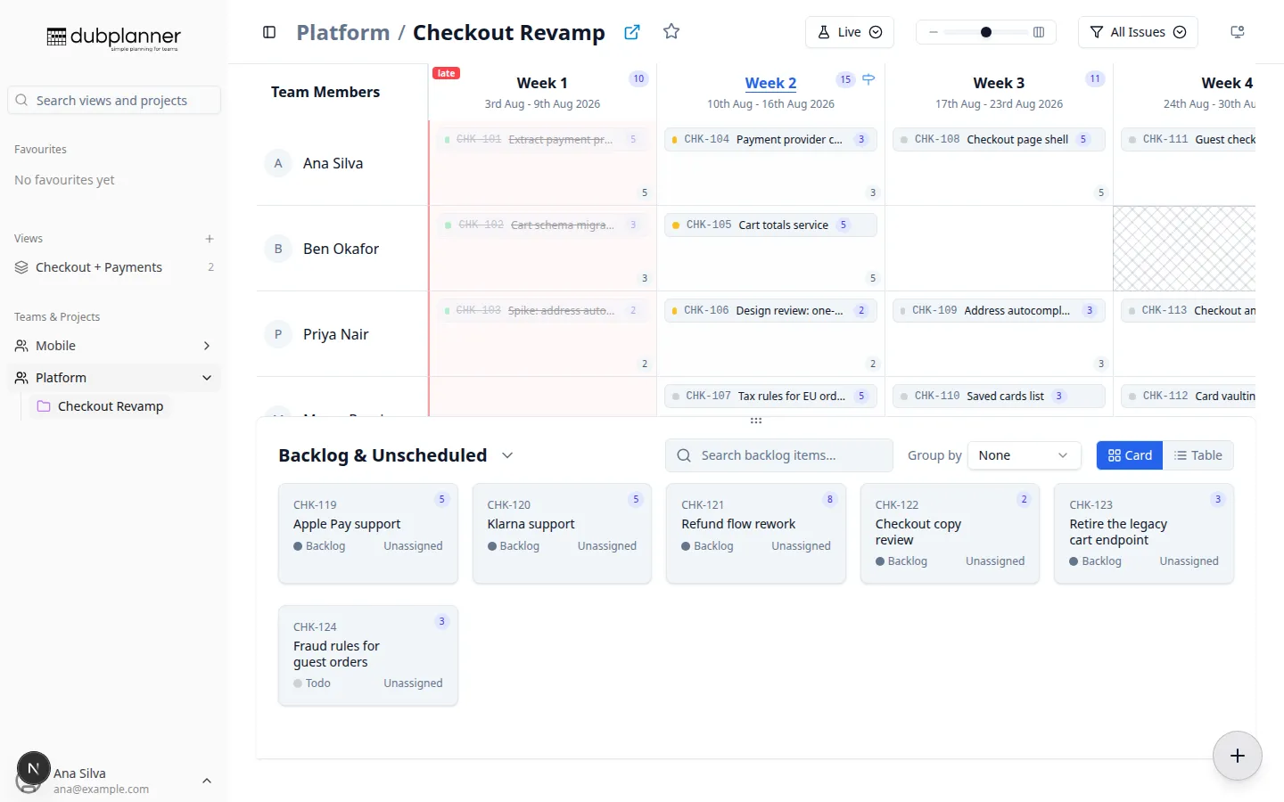 The DubPlanner planner grid, showing team members as rows and weeks as columns