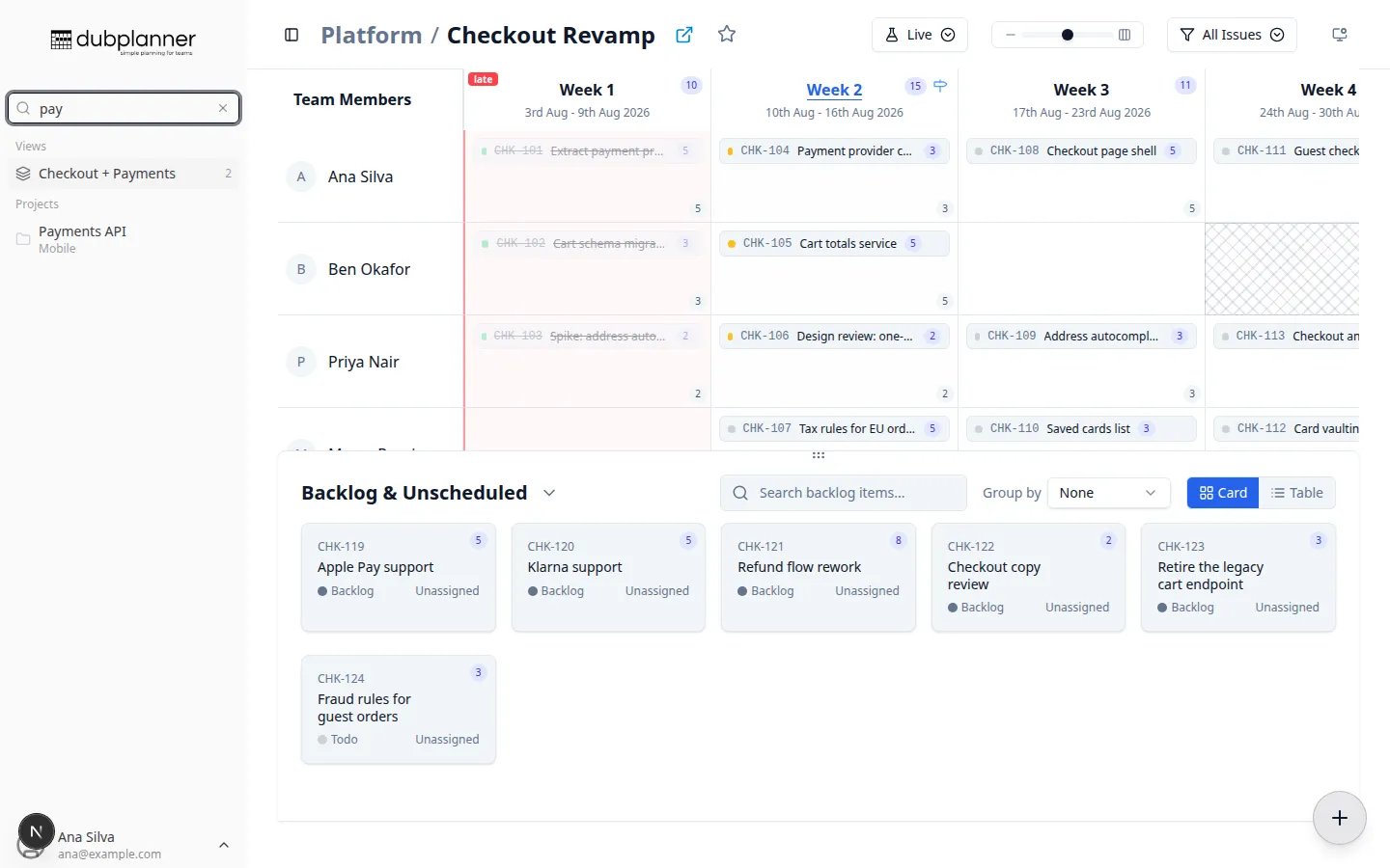 Sidebar search showing matching projects across teams
