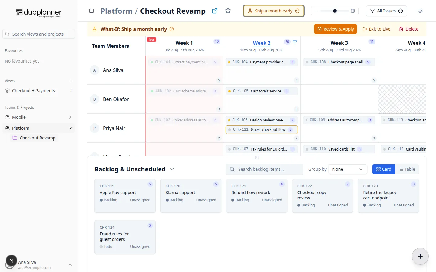 The planner in What-If mode, with the amber banner and changed tickets outlined