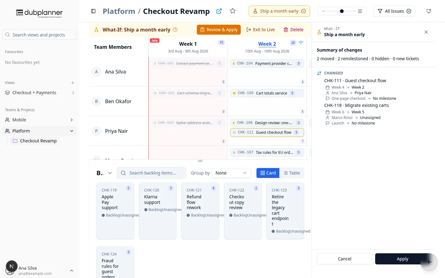 The What-If review panel summarising every change before applying
